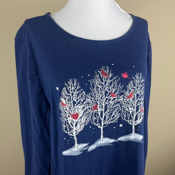 Holiday Time Long Sleeve Tee Top Plus Size 2X (18W/20W) Nave Blue Red Cardinals - Picture 3 of 7